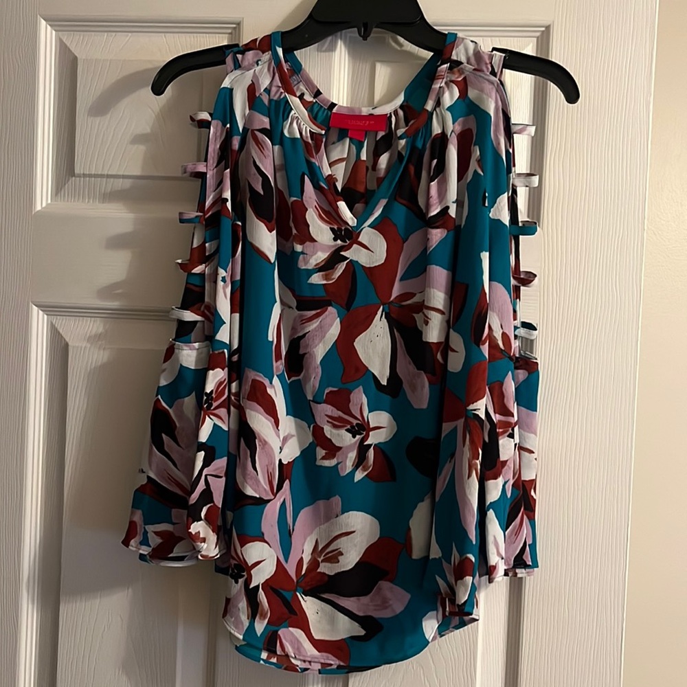 Blue floral cold shoulder blouse